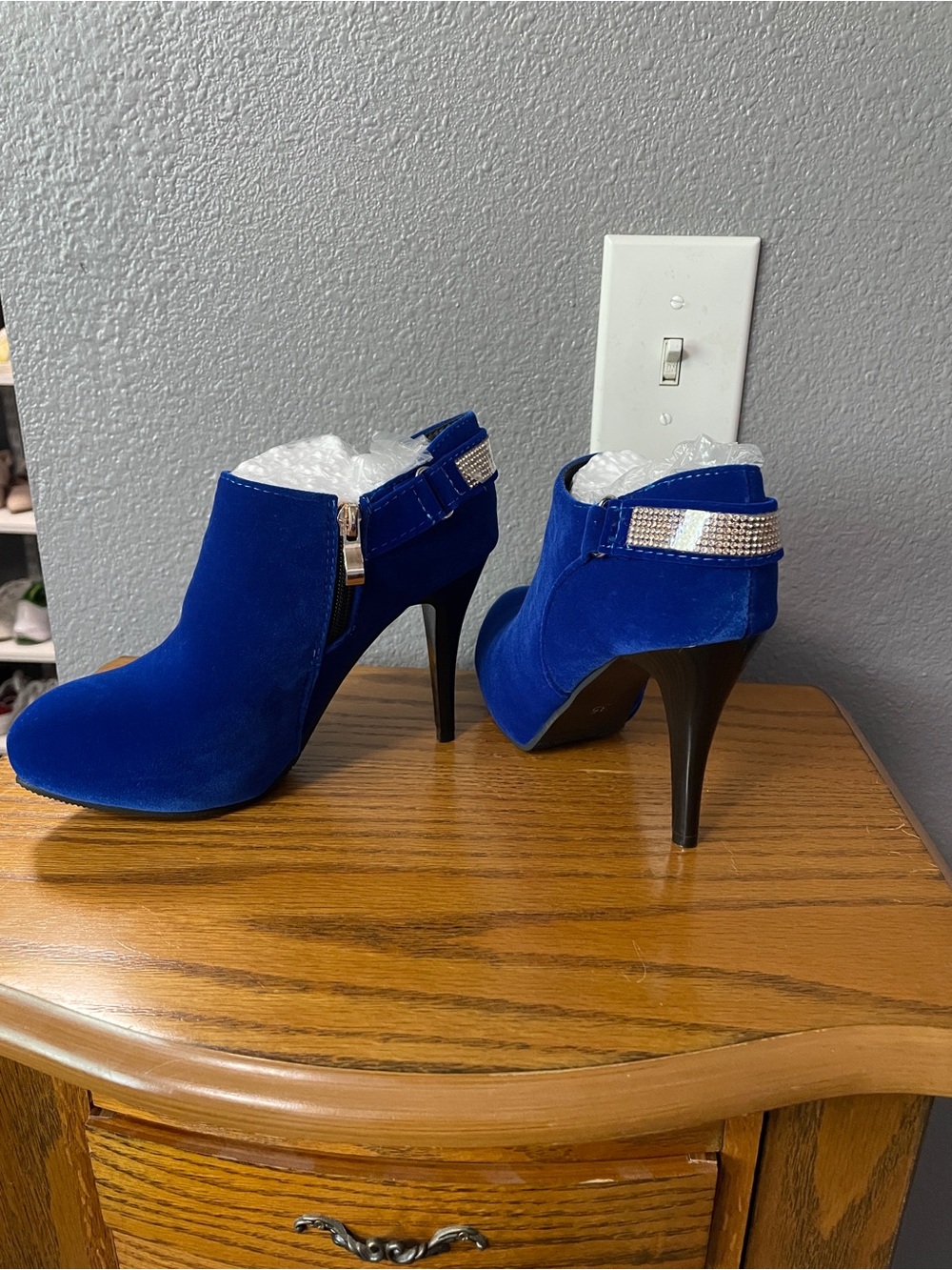 Royal Blue Suede Stiletto Ankle Booties with Rhinestone Strap